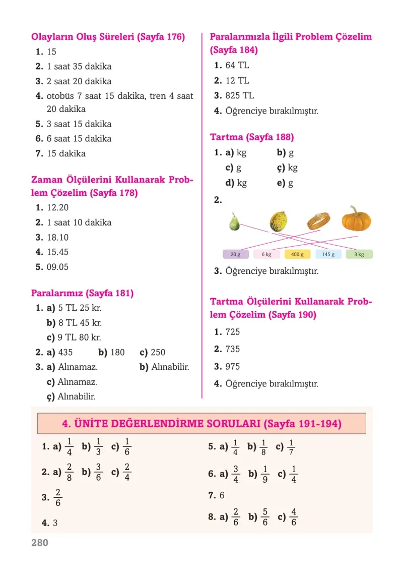 3. Sınıf Matematik Ders Kitabı Cevapları Ekoyay Yayınları Sayfa 280