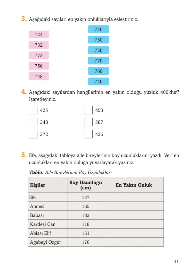 3. Sınıf Matematik Ders Kitabı Cevapları Ekoyay Yayınları Sayfa 31