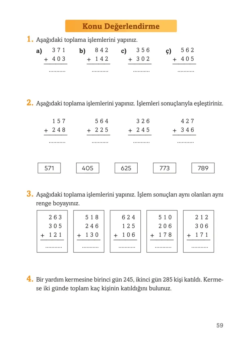 3. Sınıf Matematik Ders Kitabı Cevapları Ekoyay Yayınları Sayfa 59