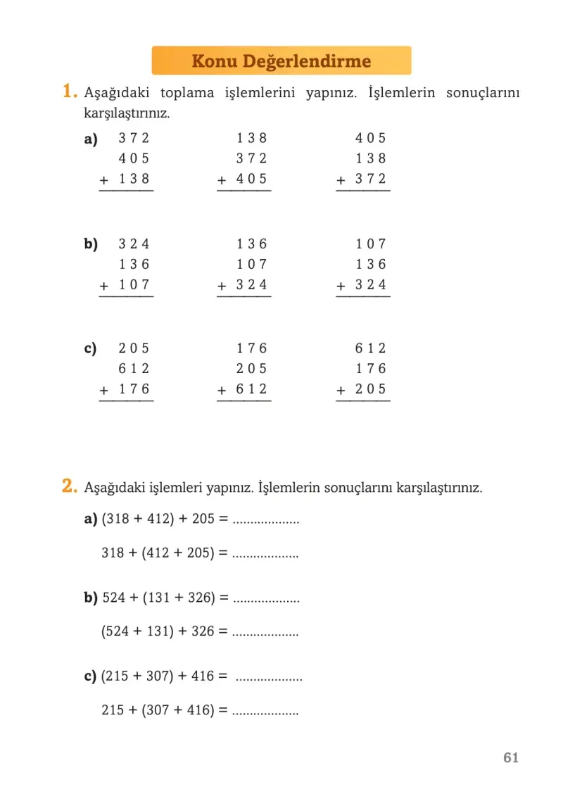 3. Sınıf Matematik Ders Kitabı Cevapları Ekoyay Yayınları Sayfa 61