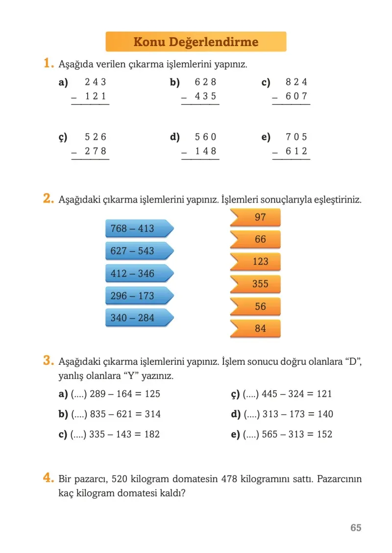 3. Sınıf Matematik Ders Kitabı Cevapları Ekoyay Yayınları Sayfa 65