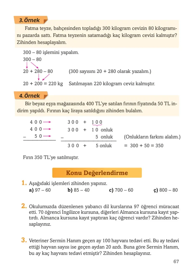 3. Sınıf Matematik Ders Kitabı Cevapları Ekoyay Yayınları Sayfa 67