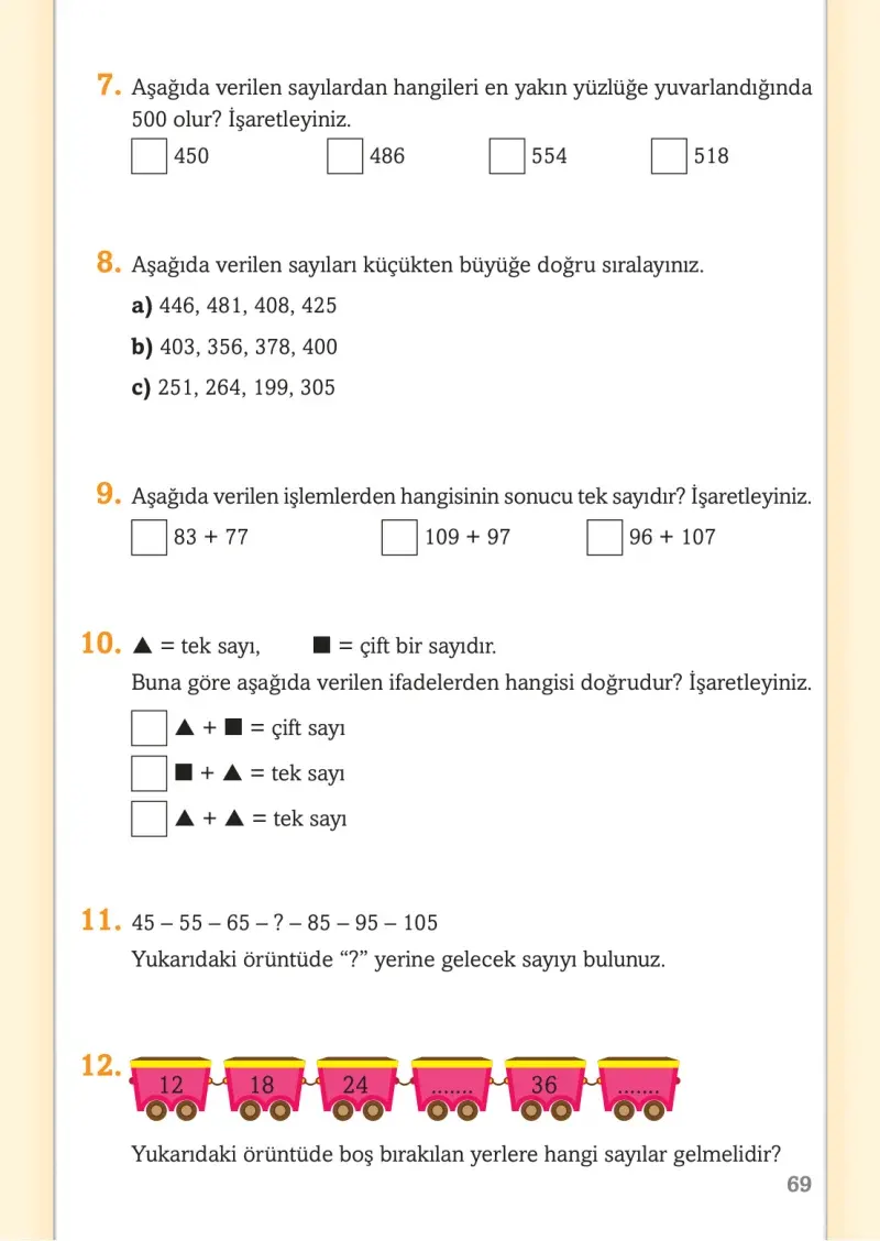3. Sınıf Matematik Ders Kitabı Cevapları Ekoyay Yayınları Sayfa 69