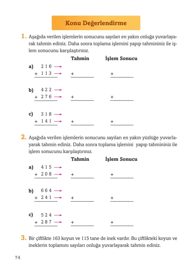 3. Sınıf Matematik Ders Kitabı Cevapları Ekoyay Yayınları Sayfa 74