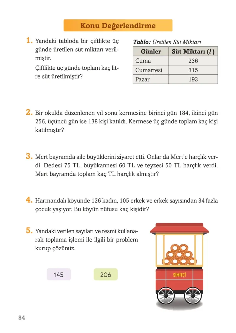 3. Sınıf Matematik Ders Kitabı Cevapları Ekoyay Yayınları Sayfa 84