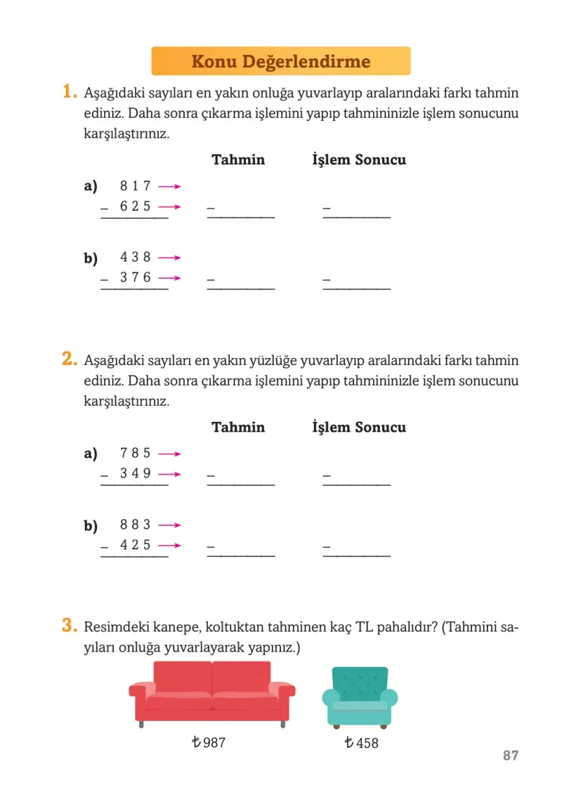 3. Sınıf Matematik Ders Kitabı Cevapları Ekoyay Yayınları Sayfa 87