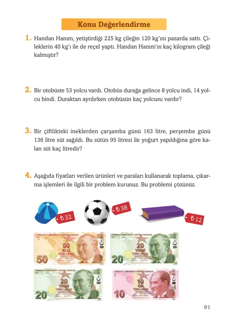 3. Sınıf Matematik Ders Kitabı Cevapları Ekoyay Yayınları Sayfa 91