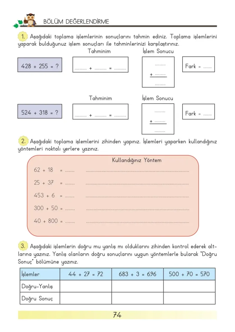 3. Sınıf Matematik Ders Kitabı Cevapları Meb Yayınları Sayfa 74