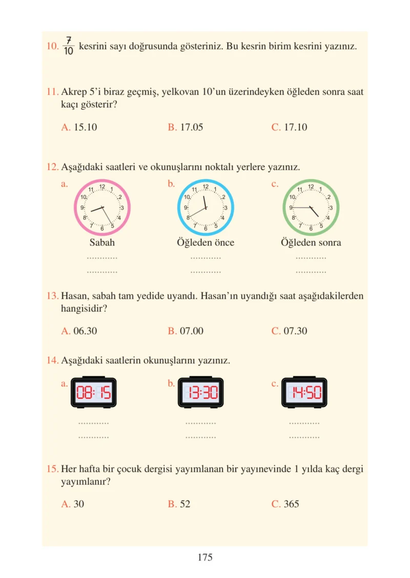 3. Sınıf Matematik Ders Kitabı Cevapları Tuna Matbacılık Yayınları Sayfa 175