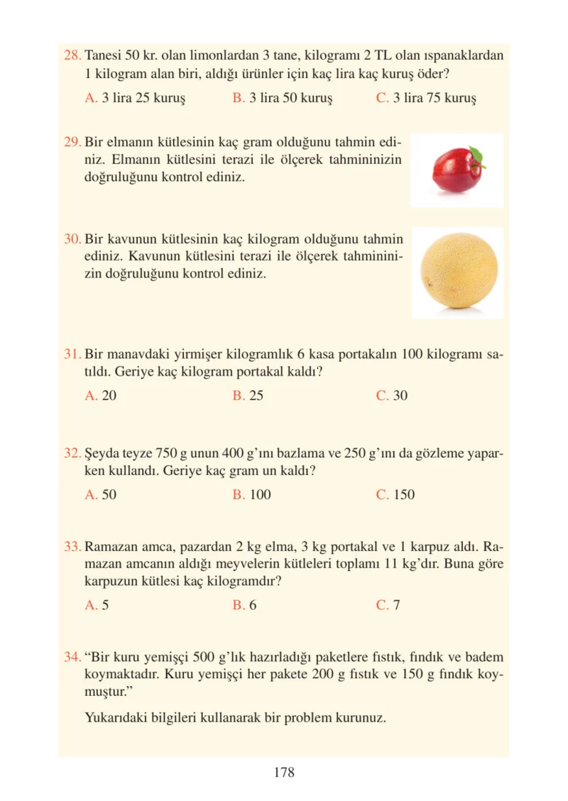 3. Sınıf Matematik Ders Kitabı Cevapları Tuna Matbacılık Yayınları Sayfa 178