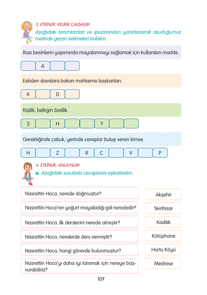 3. Sınıf Türkçe Ders Kitabı Cevapları Gizem Yayınları Sayfa 107