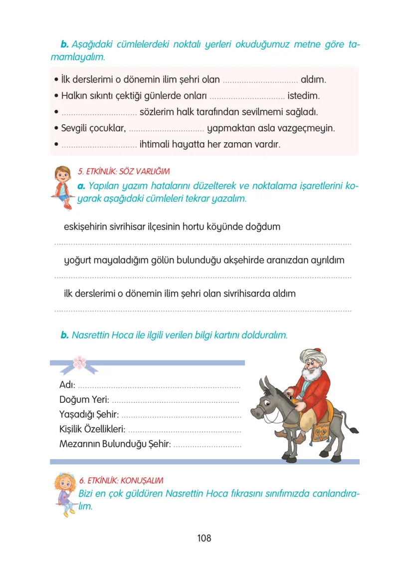 3. Sınıf Türkçe Ders Kitabı Cevapları Gizem Yayınları Sayfa 108