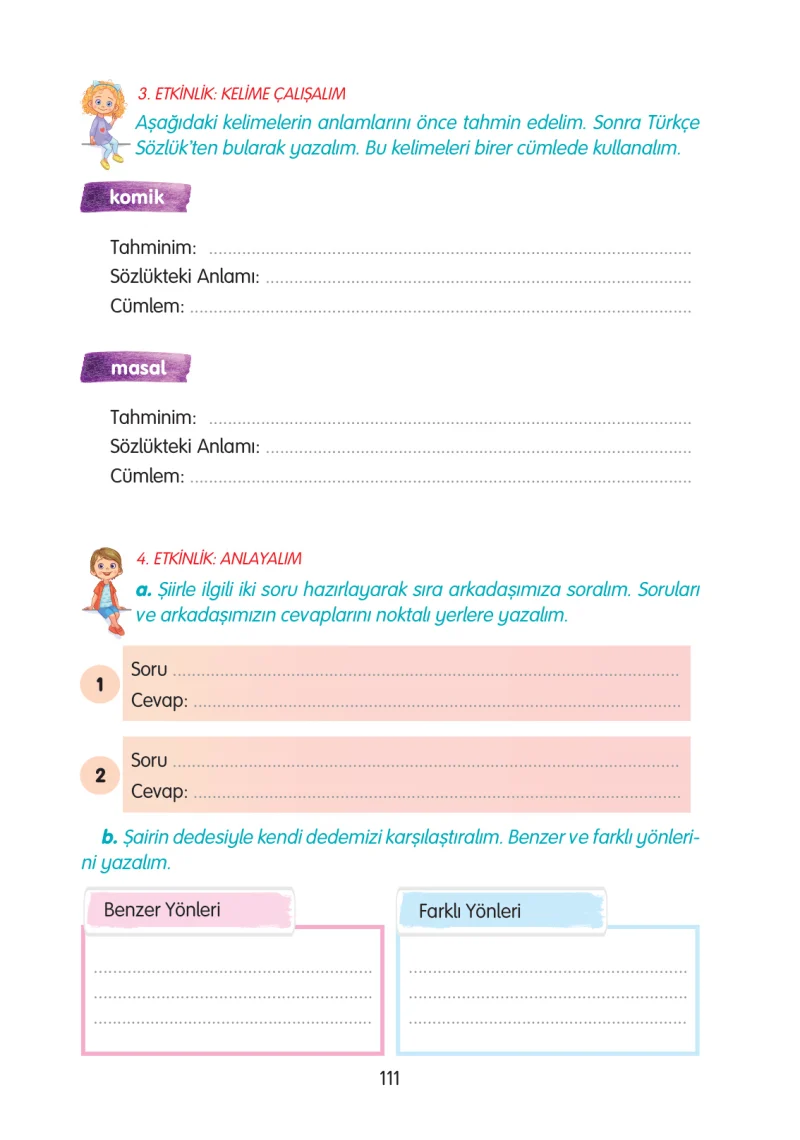 3. Sınıf Türkçe Ders Kitabı Cevapları Gizem Yayınları Sayfa 111