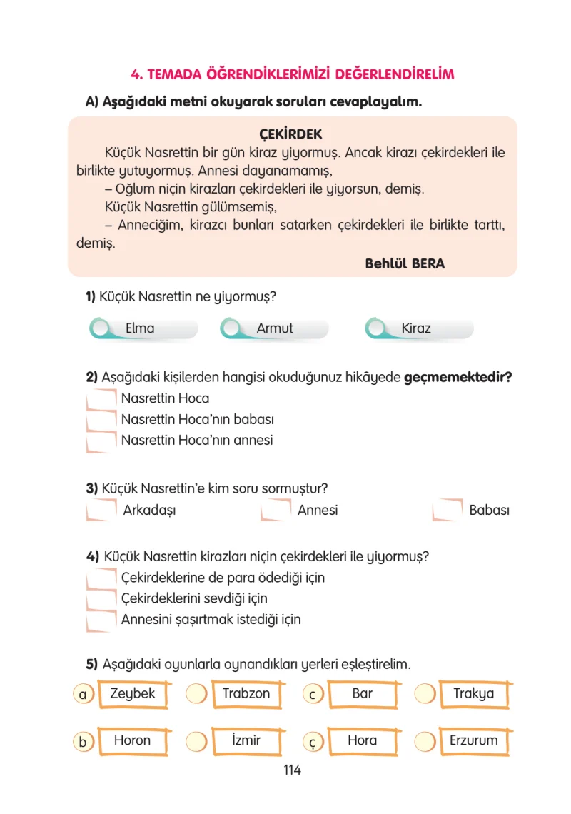 3. Sınıf Türkçe Ders Kitabı Cevapları Gizem Yayınları Sayfa 114