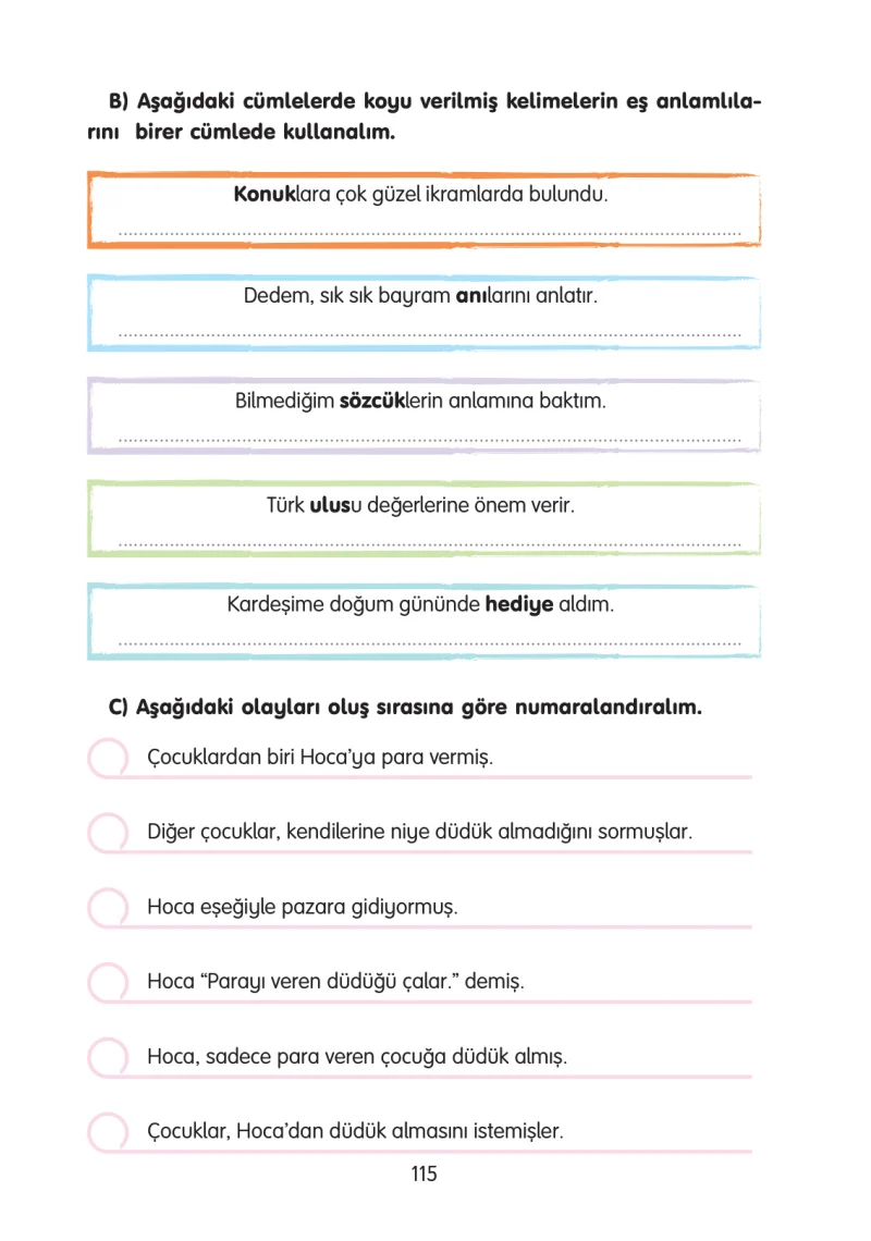 3. Sınıf Türkçe Ders Kitabı Cevapları Gizem Yayınları Sayfa 115