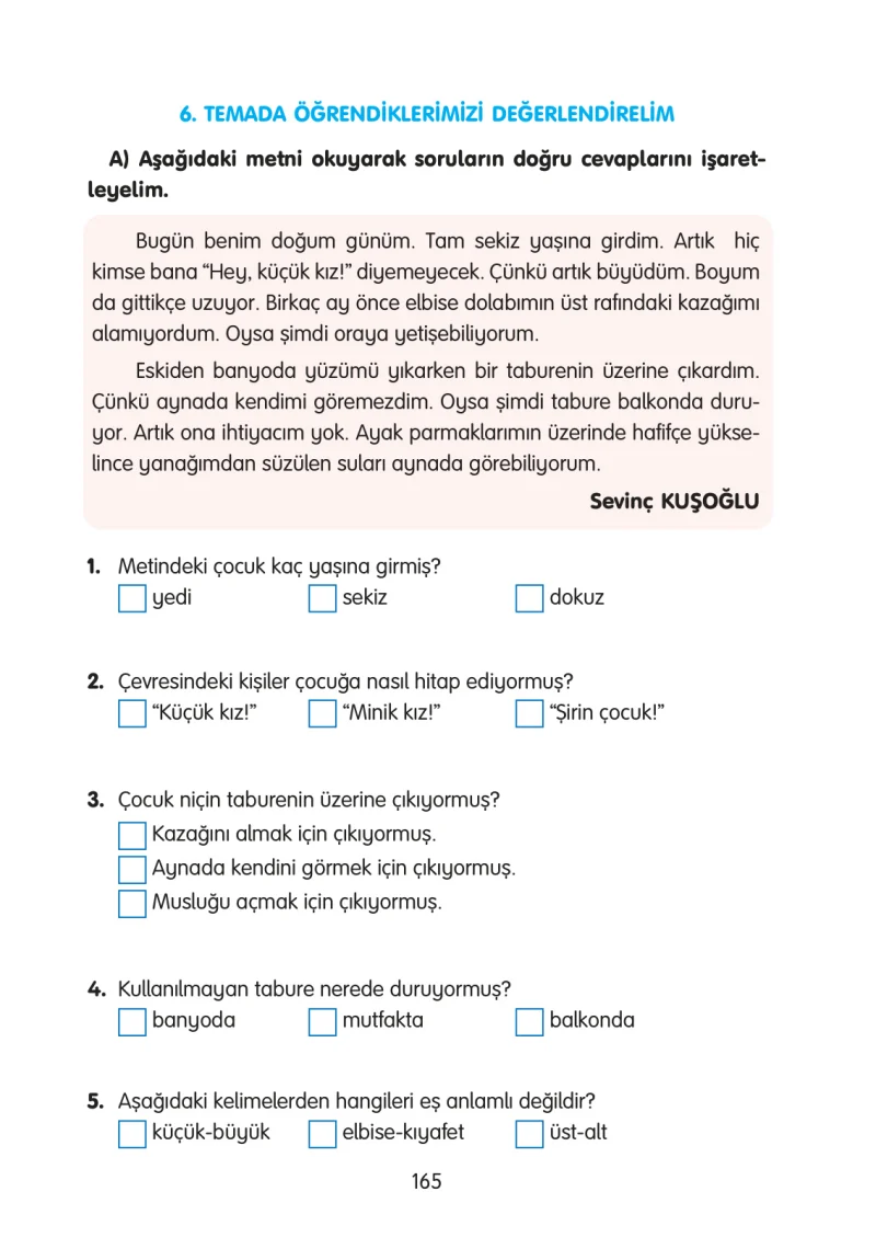 3. Sınıf Türkçe Ders Kitabı Cevapları Gizem Yayınları Sayfa 165