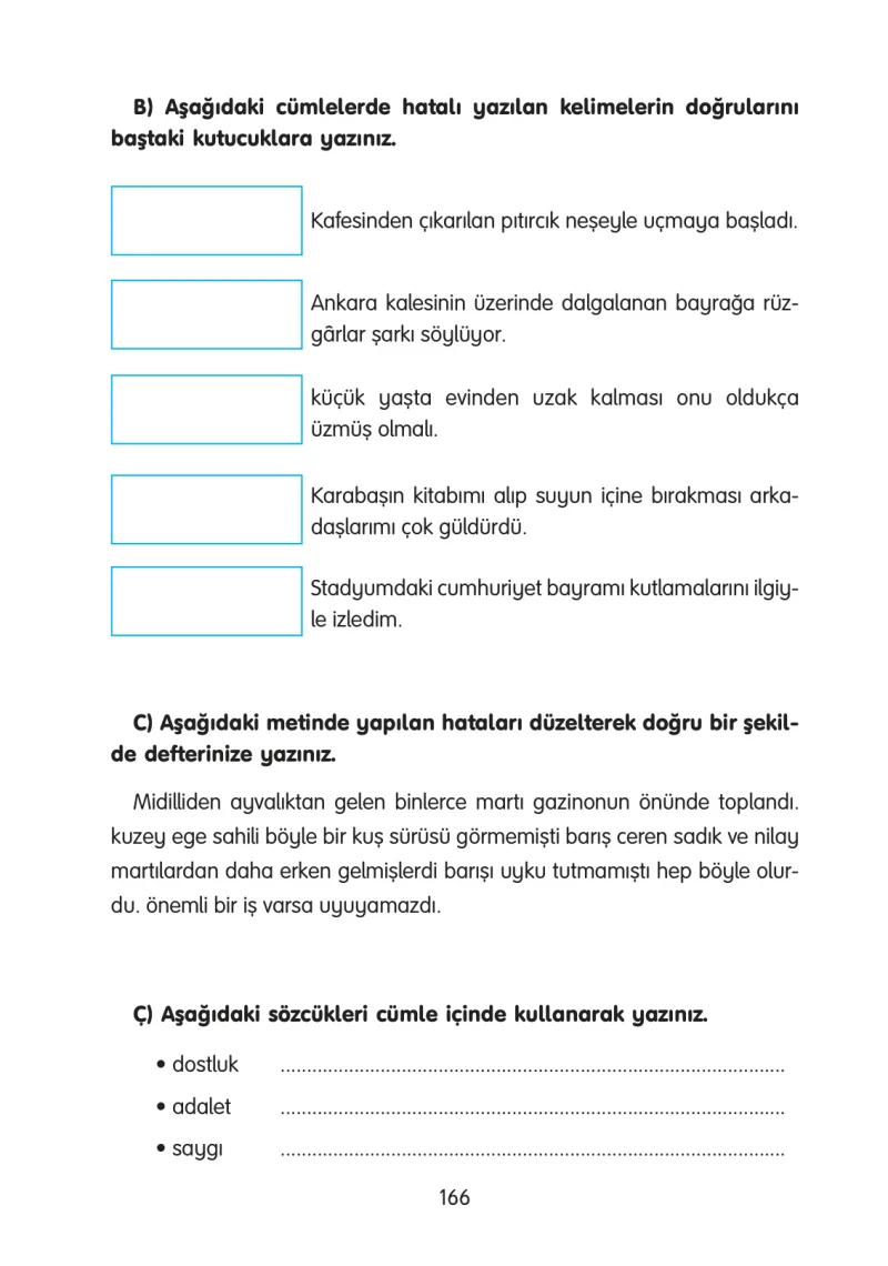 3. Sınıf Türkçe Ders Kitabı Cevapları Gizem Yayınları Sayfa 166