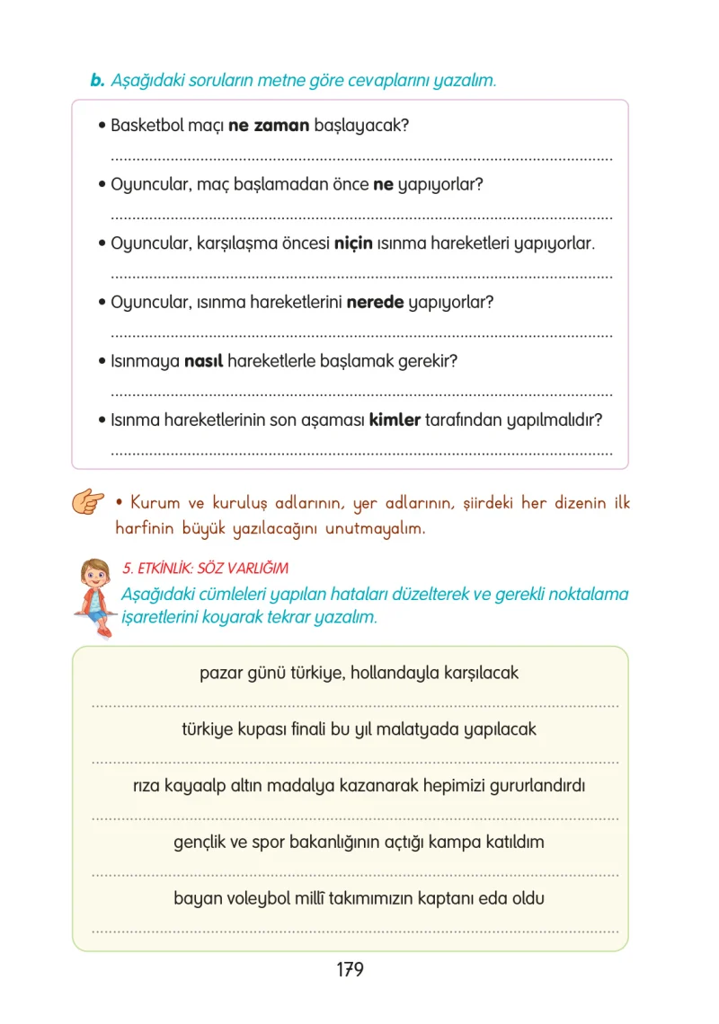 3. Sınıf Türkçe Ders Kitabı Cevapları Gizem Yayınları Sayfa 179