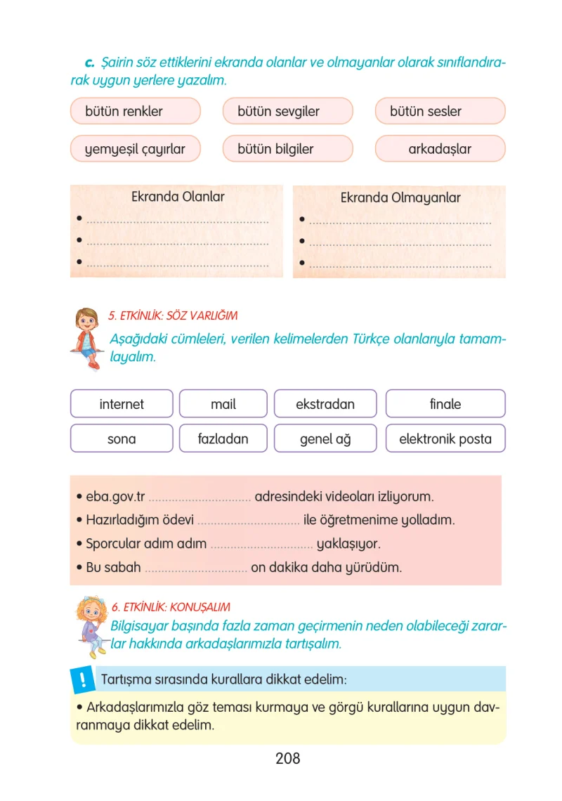 3. Sınıf Türkçe Ders Kitabı Cevapları Gizem Yayınları Sayfa 208