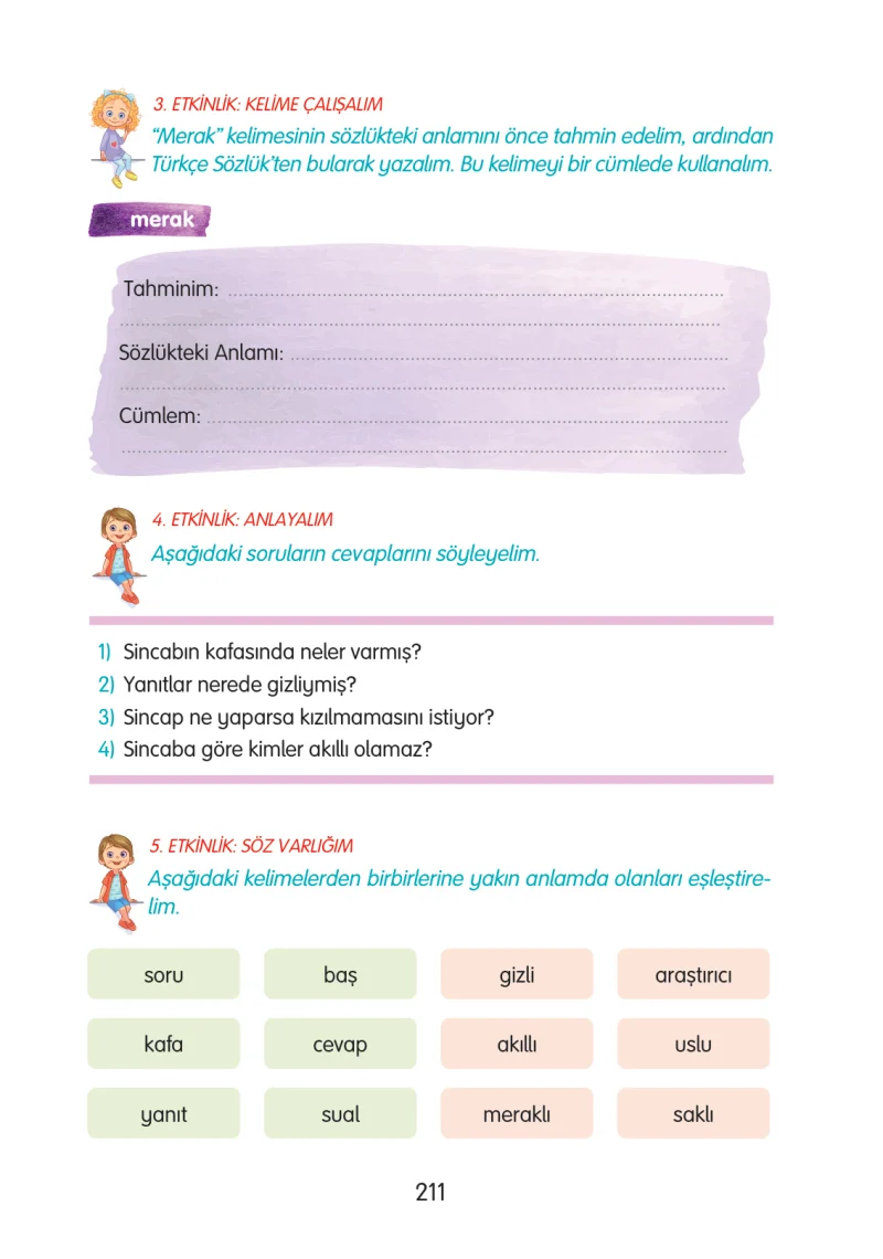 3. Sınıf Türkçe Ders Kitabı Cevapları Gizem Yayınları Sayfa 211