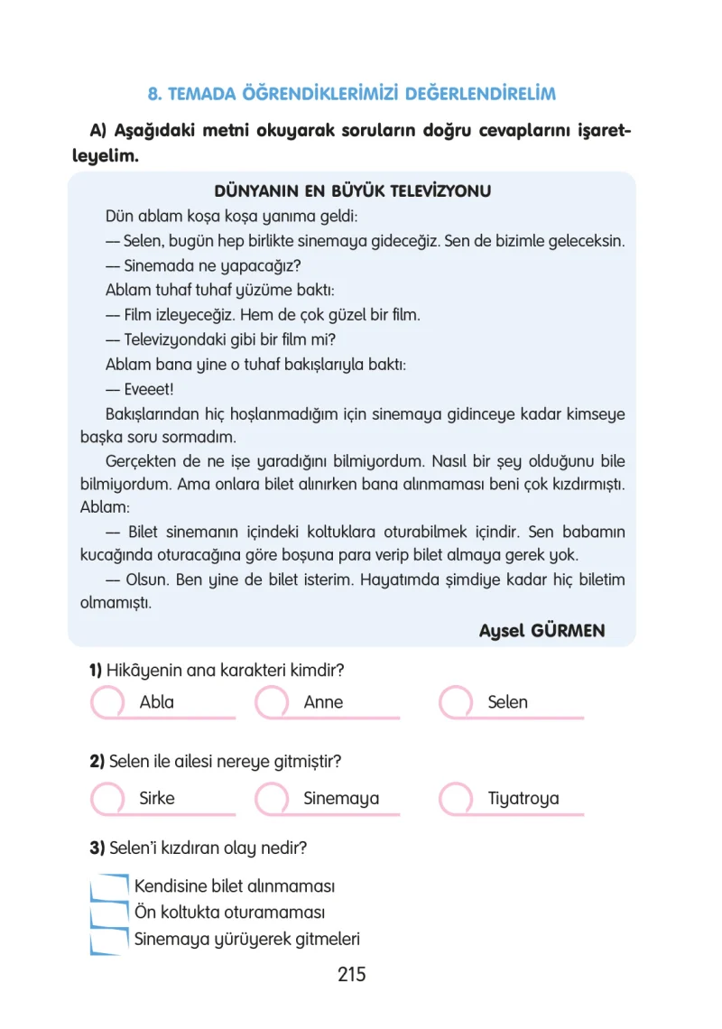 3. Sınıf Türkçe Ders Kitabı Cevapları Gizem Yayınları Sayfa 215