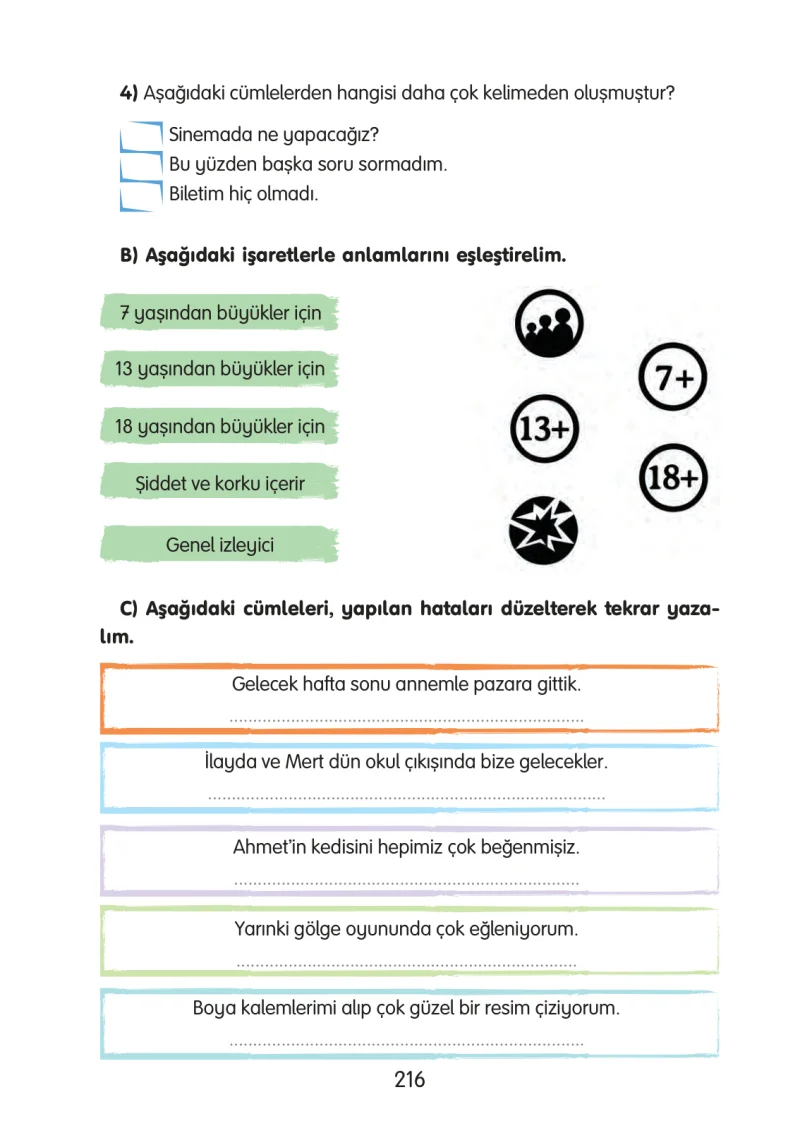 3. Sınıf Türkçe Ders Kitabı Cevapları Gizem Yayınları Sayfa 216