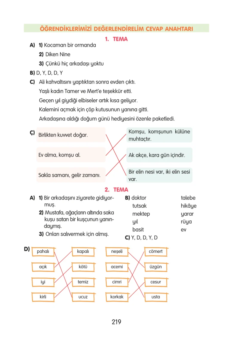 3. Sınıf Türkçe Ders Kitabı Cevapları Gizem Yayınları Sayfa 219