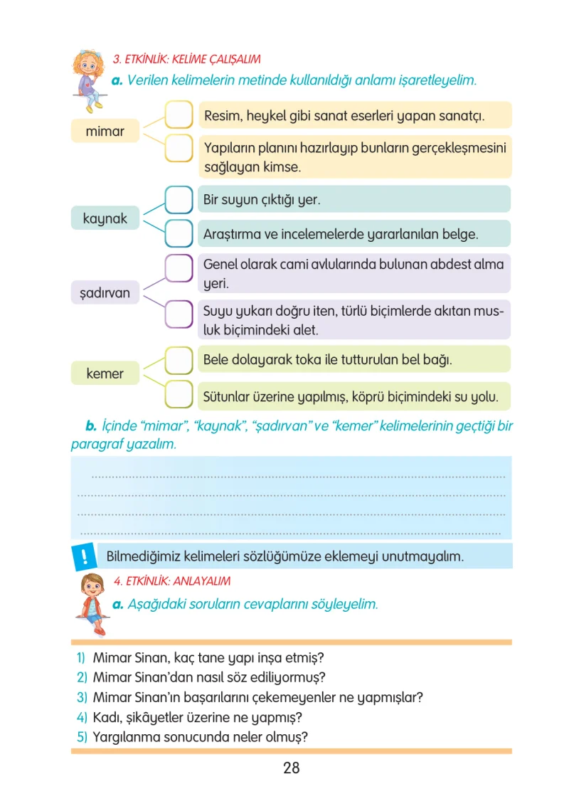 3. Sınıf Türkçe Ders Kitabı Cevapları Gizem Yayınları Sayfa 28