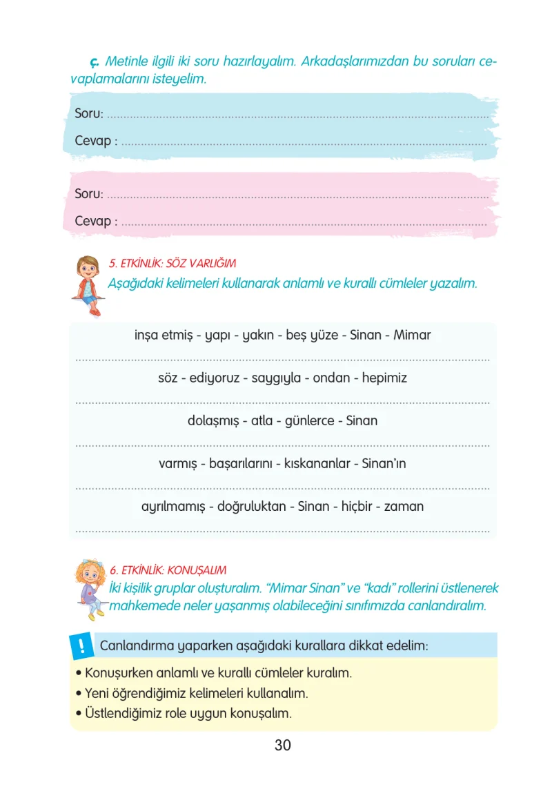 3. Sınıf Türkçe Ders Kitabı Cevapları Gizem Yayınları Sayfa 30