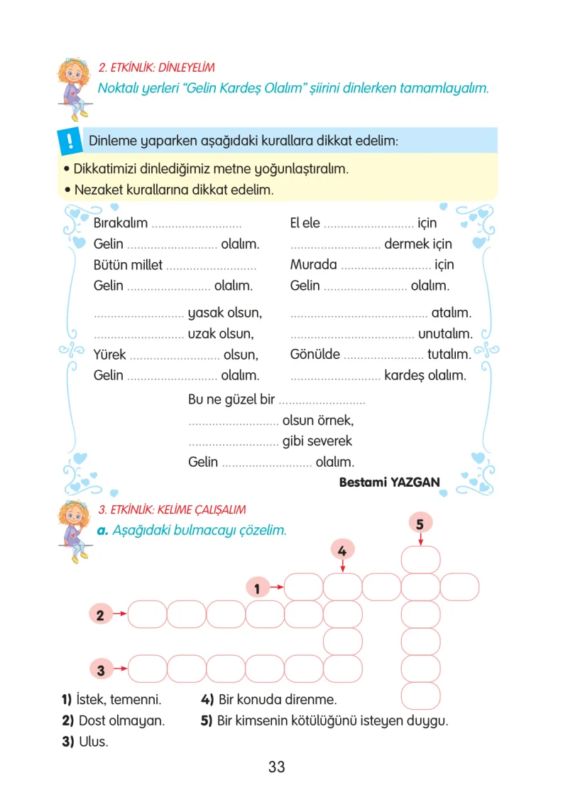 3. Sınıf Türkçe Ders Kitabı Cevapları Gizem Yayınları Sayfa 33