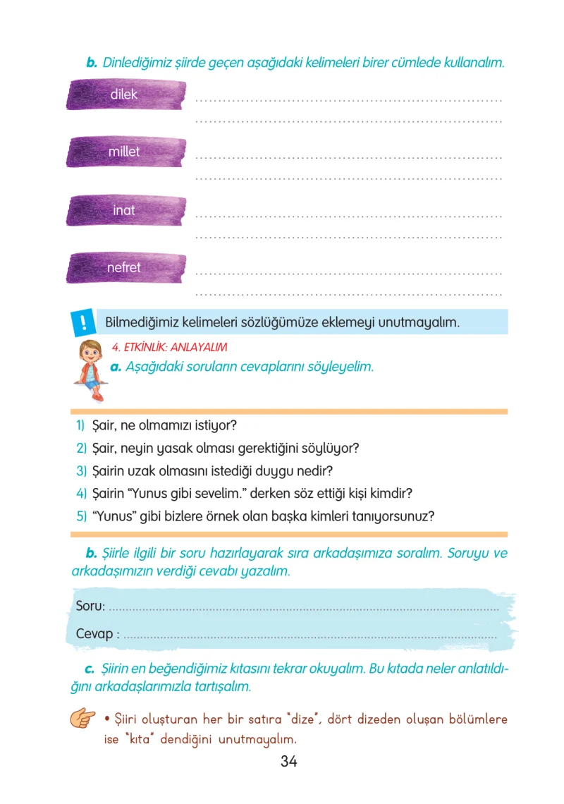3. Sınıf Türkçe Ders Kitabı Cevapları Gizem Yayınları Sayfa 34