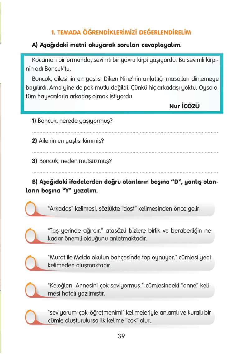 3. Sınıf Türkçe Ders Kitabı Cevapları Gizem Yayınları Sayfa 39