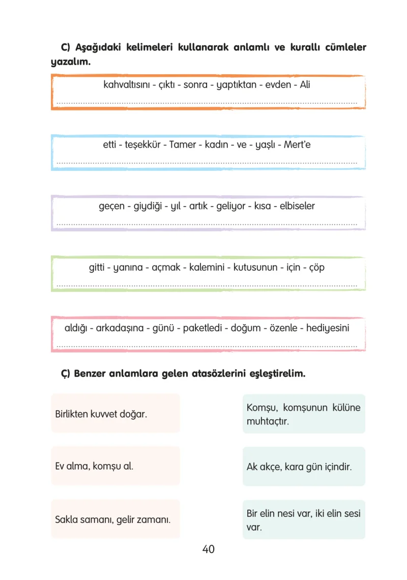 3. Sınıf Türkçe Ders Kitabı Cevapları Gizem Yayınları Sayfa 40