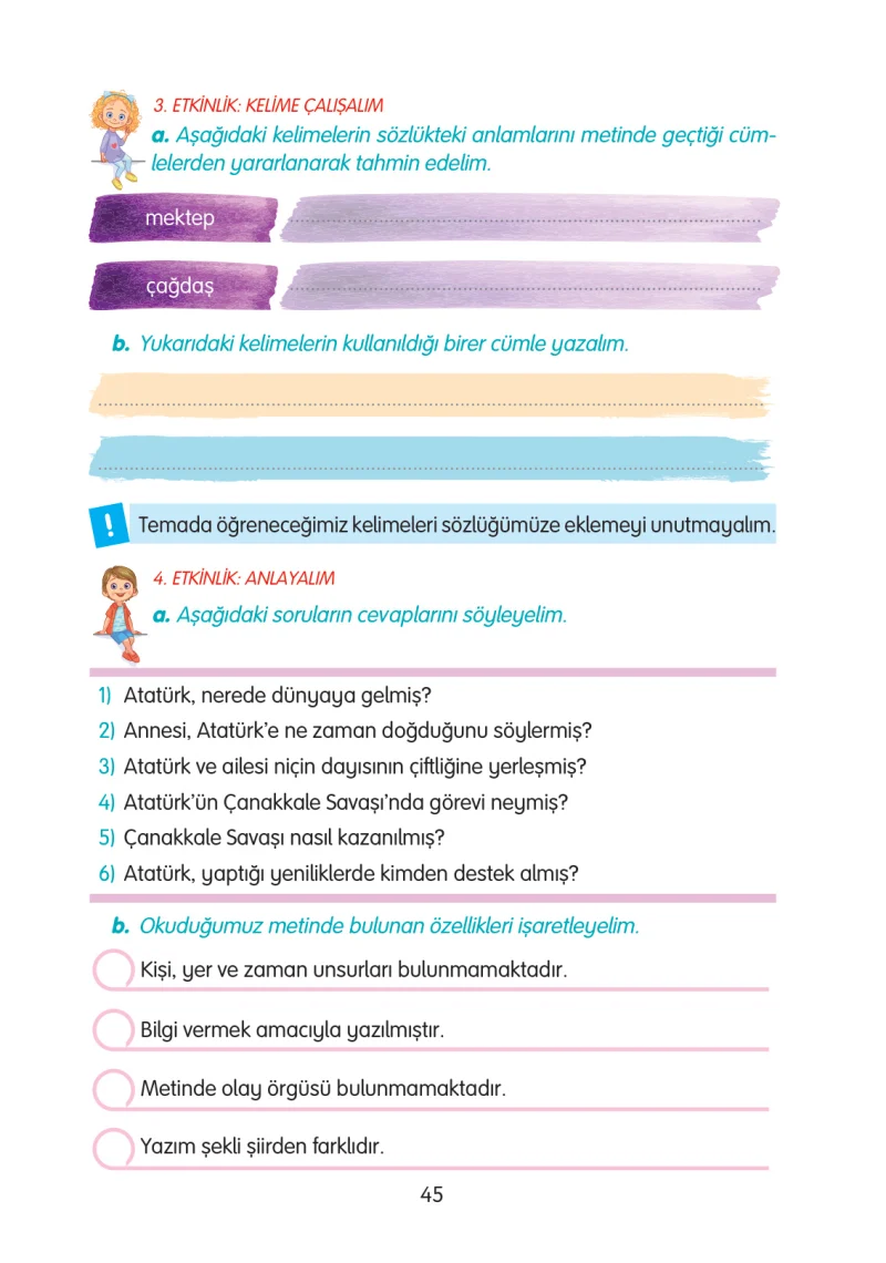 3. Sınıf Türkçe Ders Kitabı Cevapları Gizem Yayınları Sayfa 45
