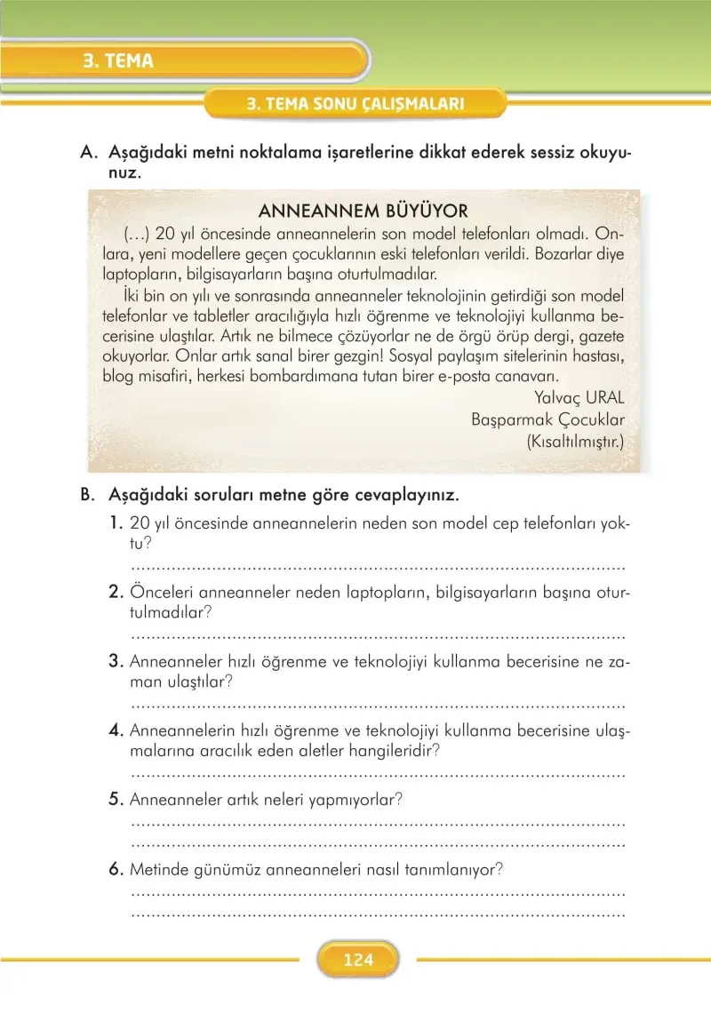 3. Sınıf Türkçe Ders Kitabı Cevapları İlke Yayınları Sayfa 124
