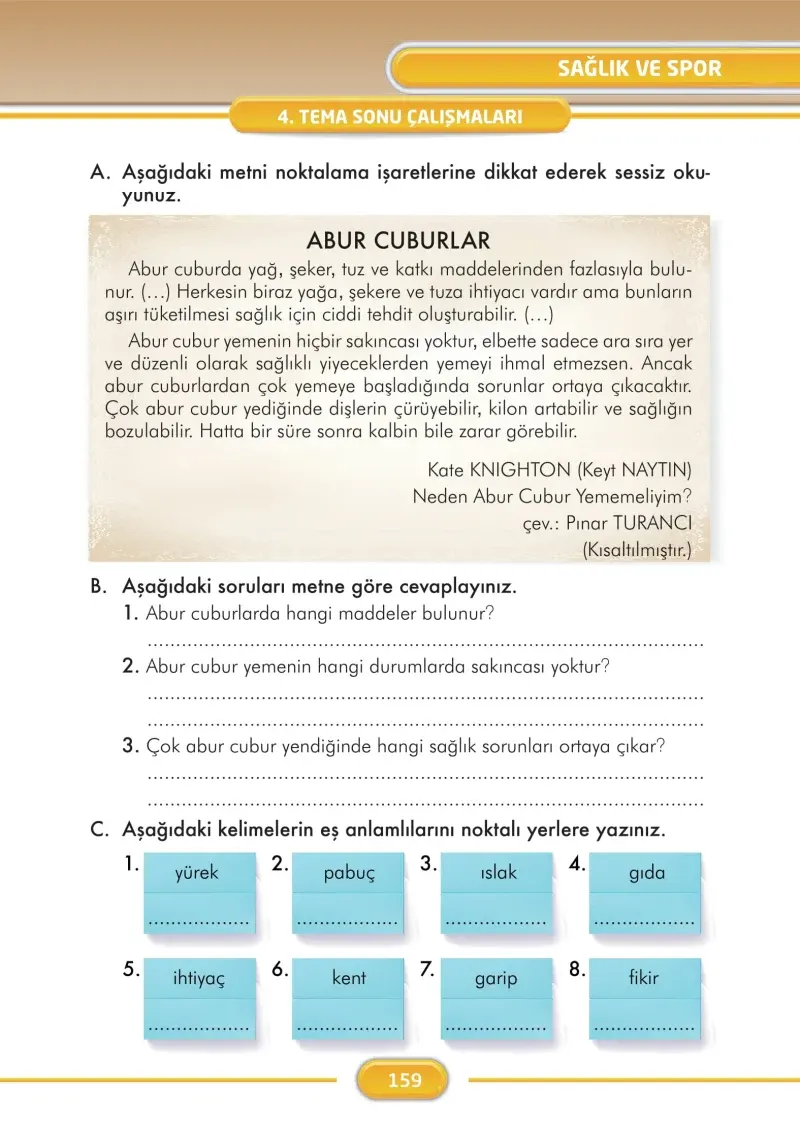 3. Sınıf Türkçe Ders Kitabı Cevapları İlke Yayınları Sayfa 159