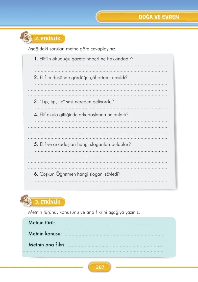 3. Sınıf Türkçe Ders Kitabı Cevapları İlke Yayınları Sayfa 287