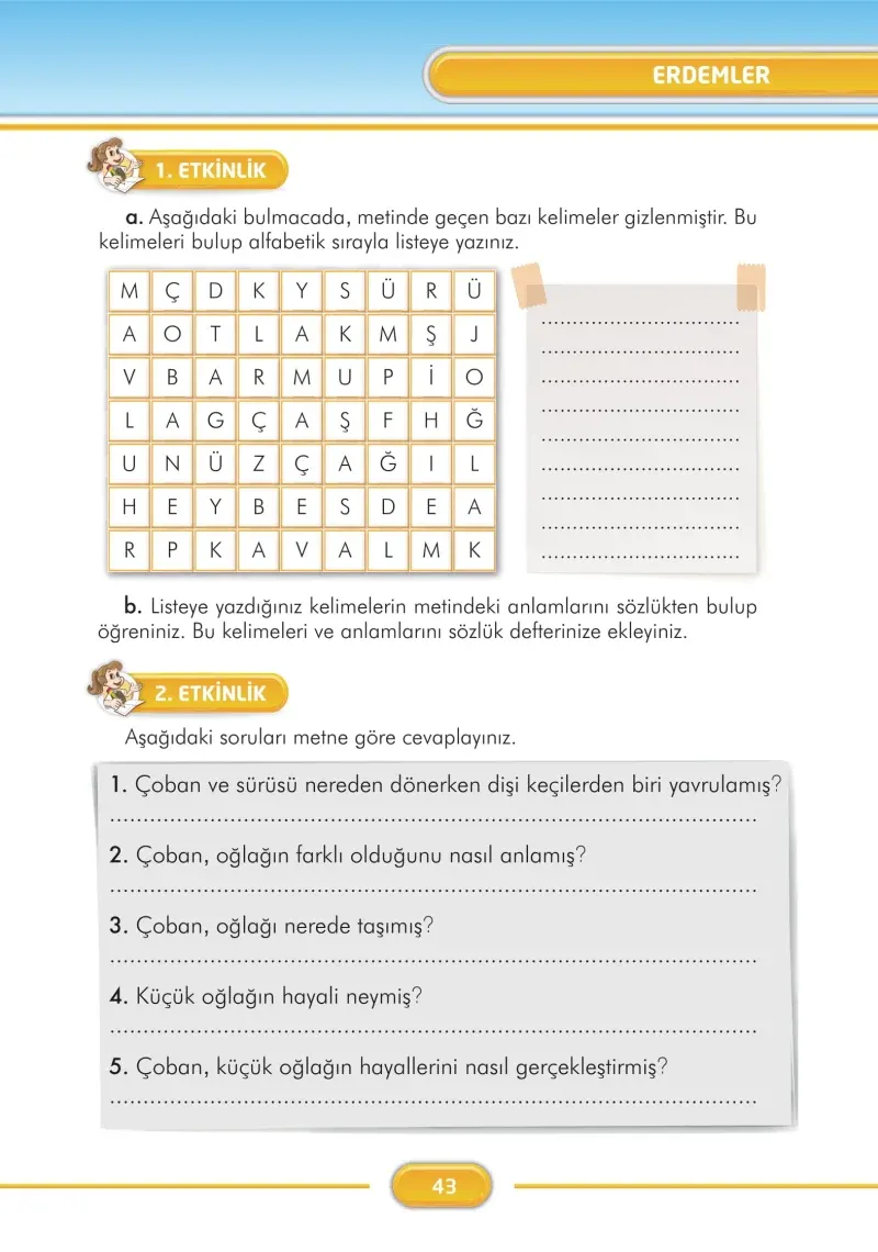 3. Sınıf Türkçe Ders Kitabı Cevapları İlke Yayınları Sayfa 43