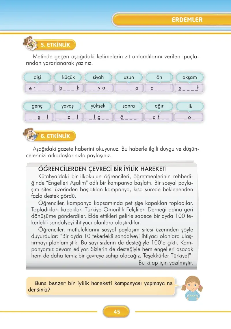 3. Sınıf Türkçe Ders Kitabı Cevapları İlke Yayınları Sayfa 45