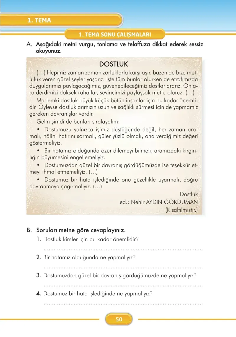 3. Sınıf Türkçe Ders Kitabı Cevapları İlke Yayınları Sayfa 50