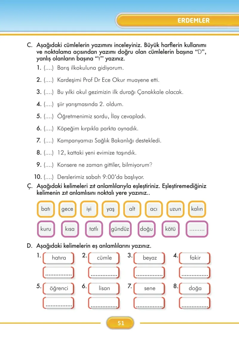3. Sınıf Türkçe Ders Kitabı Cevapları İlke Yayınları Sayfa 51