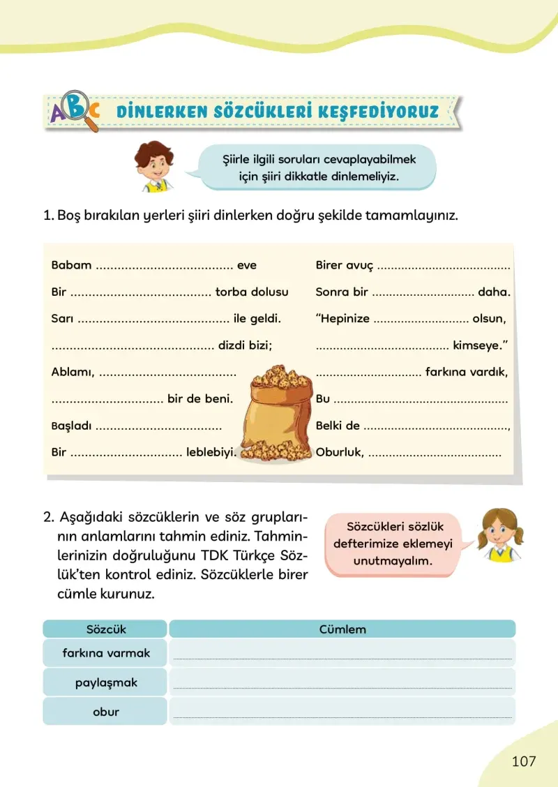 3. Sınıf Türkçe Ders Kitabı Cevapları Meb Yayınları Sayfa 107