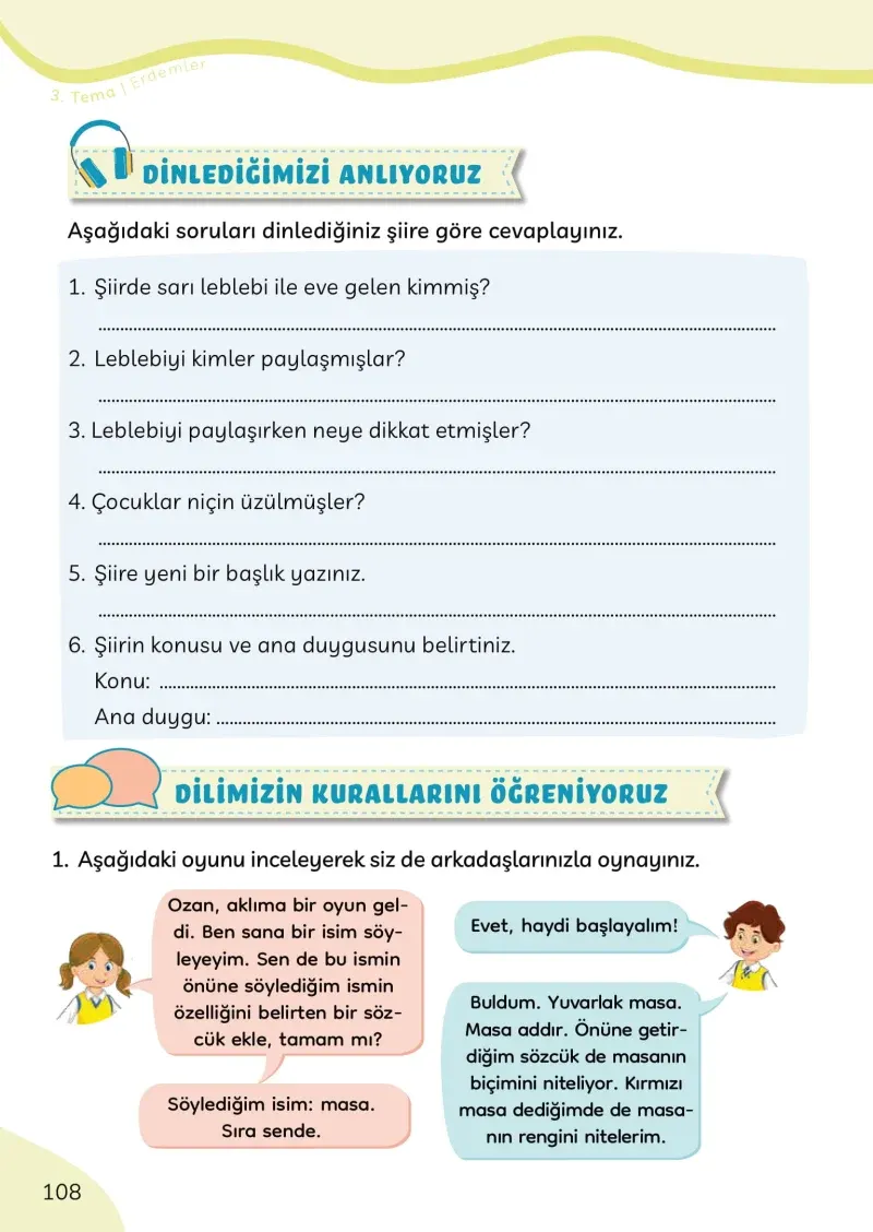 3. Sınıf Türkçe Ders Kitabı Cevapları Meb Yayınları Sayfa 108