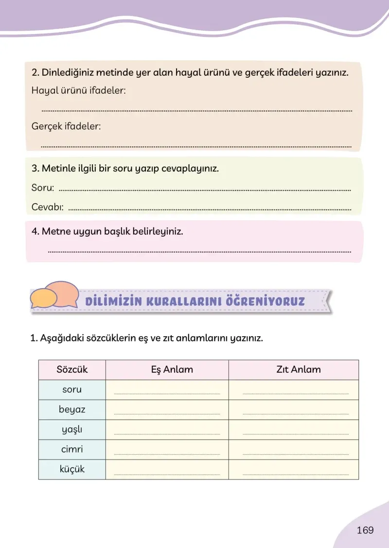 3. Sınıf Türkçe Ders Kitabı Cevapları Meb Yayınları Sayfa 169