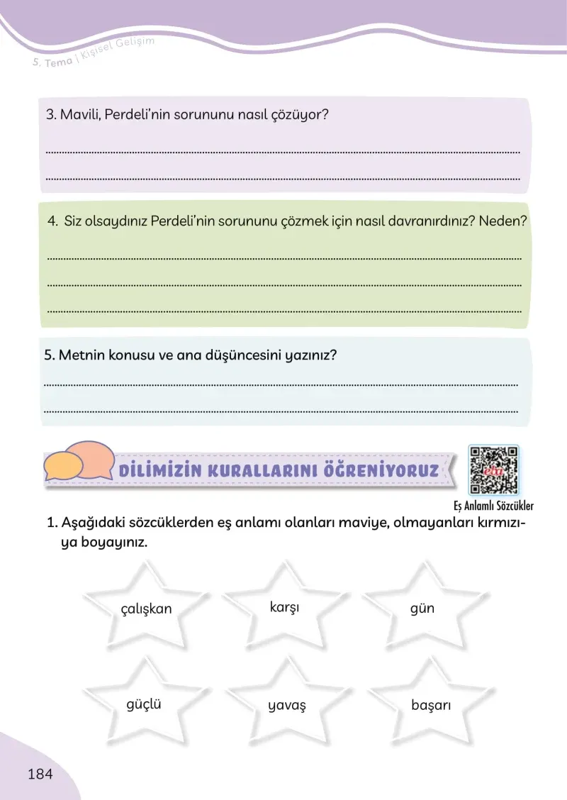 3. Sınıf Türkçe Ders Kitabı Cevapları Meb Yayınları Sayfa 184