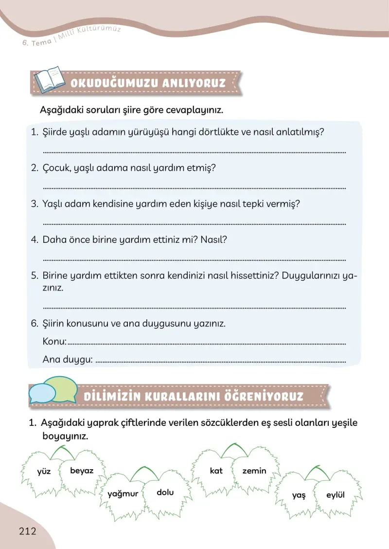 3. Sınıf Türkçe Ders Kitabı Cevapları Meb Yayınları Sayfa 212