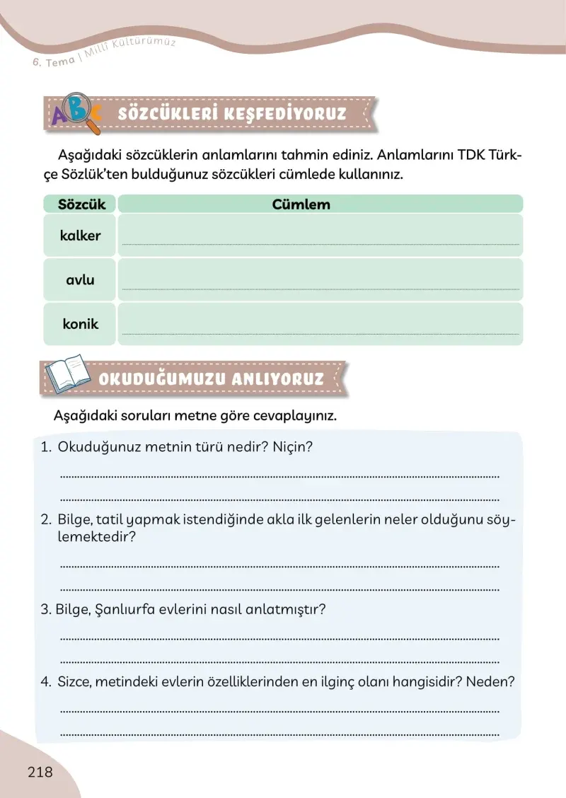 3. Sınıf Türkçe Ders Kitabı Cevapları Meb Yayınları Sayfa 218