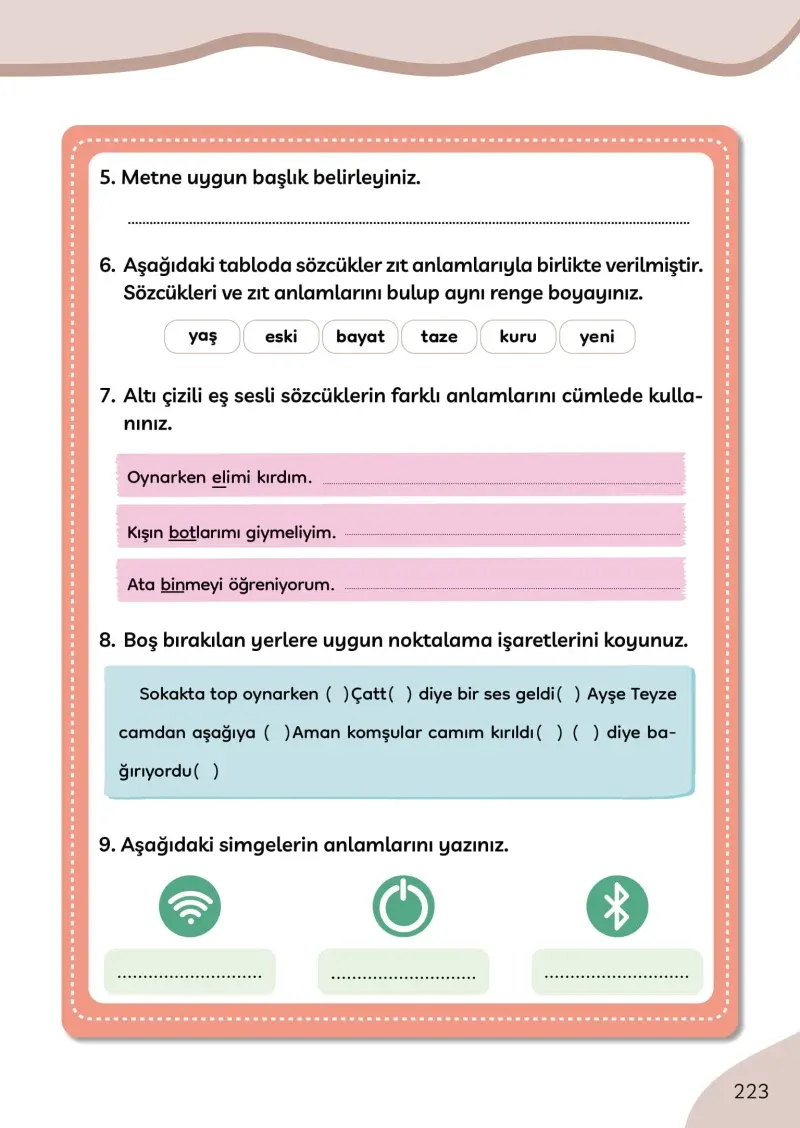 3. Sınıf Türkçe Ders Kitabı Cevapları Meb Yayınları Sayfa 223