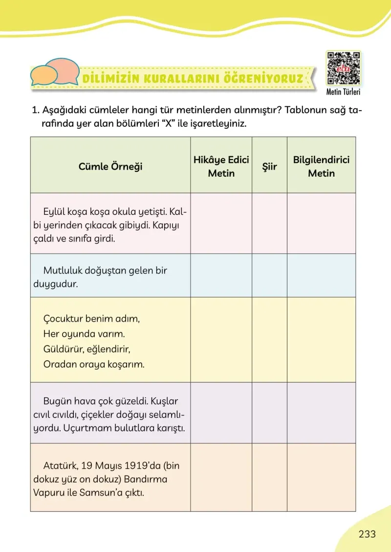 3. Sınıf Türkçe Ders Kitabı Cevapları Meb Yayınları Sayfa 233
