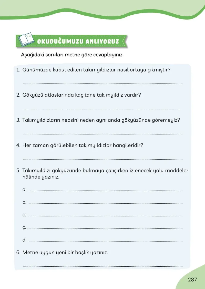 3. Sınıf Türkçe Ders Kitabı Cevapları Meb Yayınları Sayfa 287